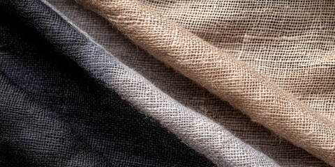 Aufkleber - Elegant arrangement of natural burlap fabrics in beige, black, and grey tones, layered with soft textures on a neutral background.