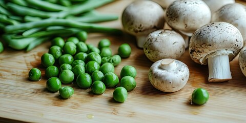 Poster - Fresh green peas and white mushrooms beautifully arranged on a light wooden cutting board, with vibrant green peas near the top left corner.