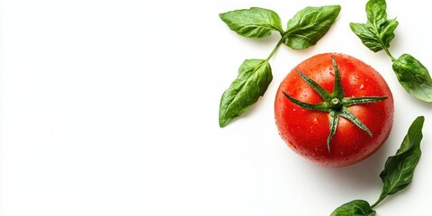 Poster - Vibrant red tomato placed centrally with fresh green basil leaves around it on a clean white background creating a fresh and appetizing composition