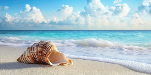 Aufkleber - Seashell positioned prominently on sandy beach with gentle ocean waves in vibrant turquoise and crisp blue sky dotted with fluffy white clouds.
