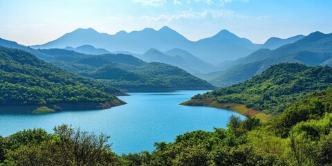 Fototapete - Serene landscape featuring tranquil turquoise water reflecting mountainous blue horizons with lush green trees in foreground under a clear sky.