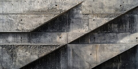 Aufkleber - Abstract concrete wall with diagonal patterns in shades of grey and black, featuring textured surfaces and shadows, creating a modern architectural feel.