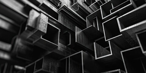Poster - Abstract composition of dark metal cubes and rectangular shapes overlapping in a complex three-dimensional structure featuring shadows and highlights.