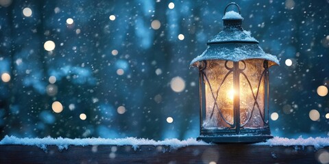 Aufkleber - Lantern glowing softly in a snowy park scene with blue backdrop and warm yellow light creating serene winter magic with falling snowflakes