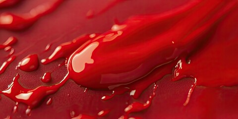 Leinwandbilder - Bright red paint spilled on a textured surface with glossy droplets reflecting light, creating a dynamic visual of color and chaos.