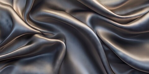 Poster - Luxurious dark grey silk fabric draped elegantly, showcasing soft, smooth textures with gentle waves and subtle sheen throughout the image