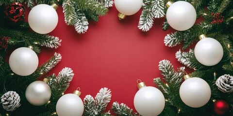 Poster - Christmas scene with white ornaments and pine branches arranged in a circular pattern on a vibrant red background, creating a festive atmosphere.
