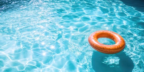 Aufkleber - Swimming pool with shimmering turquoise water and a bright orange flotation ring floating in the center, capturing a summer vibe and relaxation.