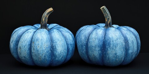 Leinwandbilder - Blue pumpkins with textured skin placed symmetrically against a solid black background highlighting their vibrant color and unique shape.