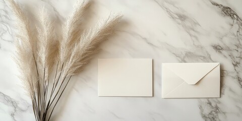Leinwandbilder - Minimalist flat lay of white envelopes on marble surface with soft pampas grass to the left creating a serene and elegant composition.