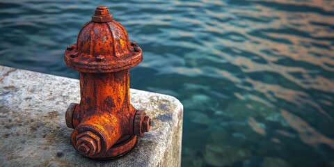 Aufkleber - Rusty fire hydrant positioned on a weathered concrete dock with calm blue water in the background reflecting soft light hues and textures.