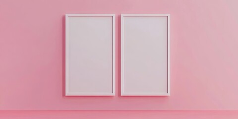 Fototapete - Minimalistic dual picture frames in white against a soft pink wall, creating a serene and stylish decorative space. Ideal for art displays.