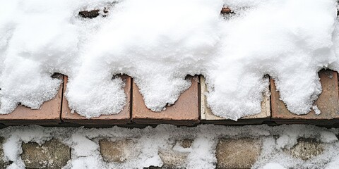 Leinwandbilder - Snow-covered brick pavement with scattered white snowflakes on brown bricks, creating a textured winter landscape. Soft white and earthy tones dominate.
