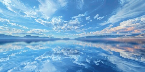 Poster - Serene landscape showcasing a tranquil lake reflecting a vibrant blue sky with fluffy white clouds, surrounded by distant mountains under soft sunlight.