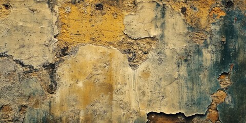 Aufkleber - Aging wall texture showcasing a blend of yellow, brown, and green hues with visible cracks and layers creating a rustic, weathered appearance.