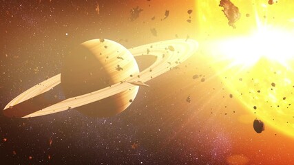 Wall Mural - UFO near Saturn and the Sun

An unidentified flying object (UFO) passes by Saturn, surrounded by a stunning ring system. The Sun’s intense light illuminates the scene, casting a dramatic glow over the