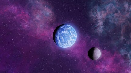 Wall Mural - Earth and its Moon in space

A beautiful view of Earth and its Moon, floating in the vastness of space. The cosmic background features vibrant purple and blue nebulae, enhancing the beauty of this cel