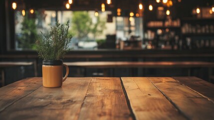 Wall Mural - Rustic cafe table, plants, blurred background, city view, product placement