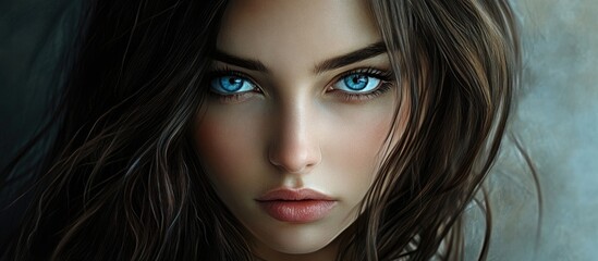 Canvas Print - Portrait of a woman with long dark hair and striking blue eyes, soft lighting highlighting her features against a muted background.