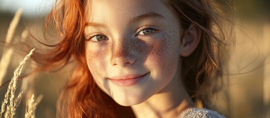 Close-up portrait of a smiling teenage girl with russet hair and freckles, warm sunlight highlighting her casual style in a golden field setting.