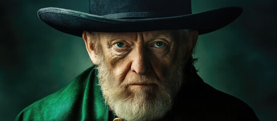 A striking portrait of an elderly priest in a green coat and black hat, set against a dark green background, embodying the spirit of Saint Patrick's Day.