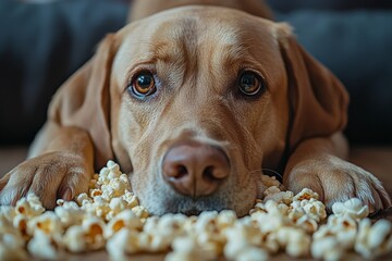 dog enjoying popcorn on the floor while looking curiously at the viewer in a cozy indoor setting
