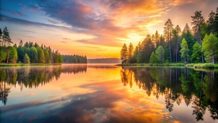 Wall Mural - Serene forest lake reflecting the warm colors of sunrise in a tranquil setting ,  nature, background, landscape, tranquil