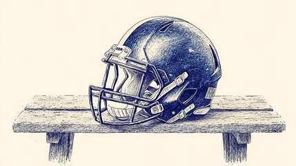 Sticker - American Football Helmet Resting on a Wooden Bench - Artistic Sketch