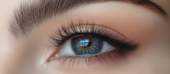 Canvas Print - Close-up of a human eye with blue iris, long lashes, and subtle makeup, showcasing intricate details and reflections in a soft, neutral background.