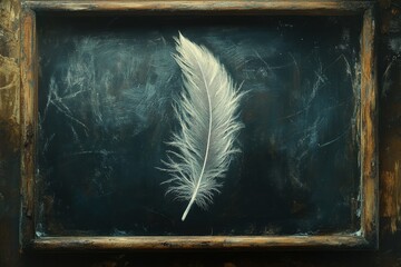 Poster - Delicate white feather resting on a worn chalkboard in a rustic setting