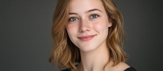 Canvas Print - Portrait of a smiling young woman with wavy blonde hair against a dark gray background, showcasing natural beauty and confidence, soft lighting.