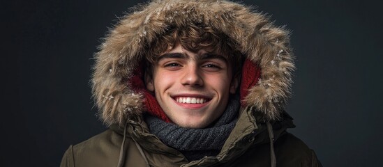 joyful young man in warm winter parka with fur hood centered against dark background, featuring brow