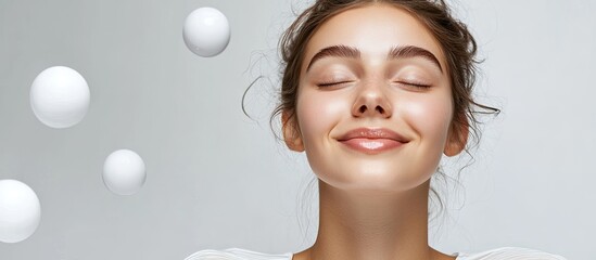 Canvas Print - Joyful young woman with closed eyes smiles, illuminated by soft light, with white spheres gently floating in the background, conveying beauty and tranquility.