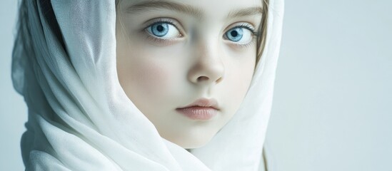 Canvas Print - Portrait of a young girl with striking blue eyes wearing a white scarf, softly illuminated against a pale background, conveying innocence and hope.