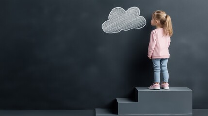 Little girl standing on steps looking at a chalk-drawn cloud on a dark board. Representation of creativity and imagination