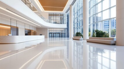 Wall Mural - Modern corporate building lobby with large glass windows. Clean and professional office environment. Business and corporate presentation.