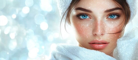 Wall Mural - Close-up of a young woman with blue eyes and freckles, wearing a white scarf and hat, set against a blurred icy background with soft bokeh effects.