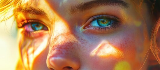 Wall Mural - Close-up portrait of a young woman with vibrant green eyes, illuminated by sunlight, colorful bokeh in the background, capturing a carefree lifestyle.