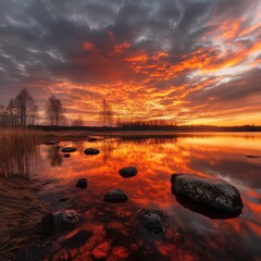 Wall Mural - Vibrant sunset over a tranquil lake with rocks and reflections in calm water and dramatic clouds in the sky