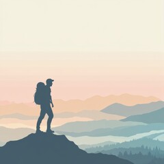 Poster - Silhouette of a hiker with a backpack on a mountain ridge at dawn with open space for text. Generative AI