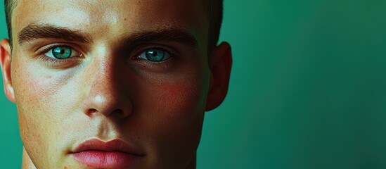 Wall Mural - Bright portrait of a young man with striking blue eyes and a subtle smile, set against a rich green background highlighting his personality and vitality.