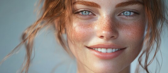 Wall Mural - Smiling young woman with glowing skin and freckles, warm tones, soft light highlighting her radiant complexion against a blurred background