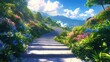 © Giman - Serene mountain path, blooming flowers, sunlit valley, idyllic landscape, travel poster