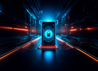 Fototapete - a phone with a lock icon is positioned in a glowing neon tunnel, symbolizing digital security in a m