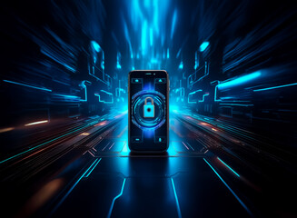 Poster - A glowing lock symbol is displayed on a smartphone screen, set against a vibrant backdrop of dynamic blue and orange digital streaks, representing secure and futuristic technology.