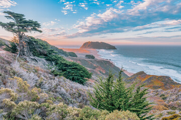 Wall Mural - Highway 1 and Big Sur along the Pacific Ocean coast, beautiful landscape and aerial view, sunset, sunrise, fog. Concept, travel, vacation, weekend