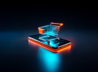Poster - Miniature shopping cart on a glowing smartphone, representing digital commerce. Neon lights emphasize the modern online shopping experience.