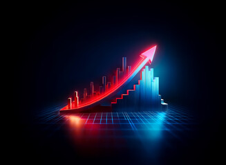 Leinwandbilder - A vibrant red arrow curves upwards over blue bar graph columns. A glowing grid surface reflects the neon light in a dark space, symbolizing positive progress.