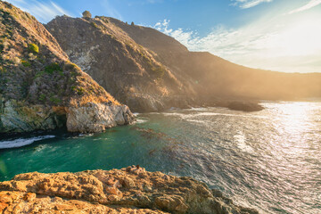 Wall Mural - Highway 1 and Big Sur along the Pacific Ocean coast, beautiful landscape and aerial view, sunset, sunrise, fog. Concept, travel, vacation, weekend