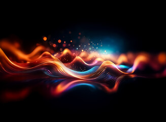Aufkleber - Abstract glowing waves of orange and blue light ripple across a dark background. Dynamic and vibrant, soft bokeh effect creates a mesmerizing and elegant visual.